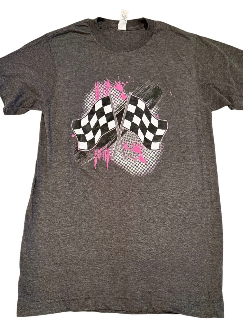 Tultex Gray Tee with Checkered flags & PINK accents 🩷🏁 SMALL. Worn once. EEUC! 🙂